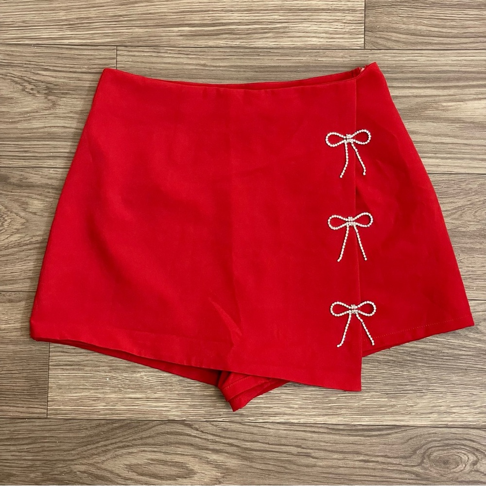 Lulumari Red Rhinestone Bow Wrap Front Mini Skort - Picture 2 of 10